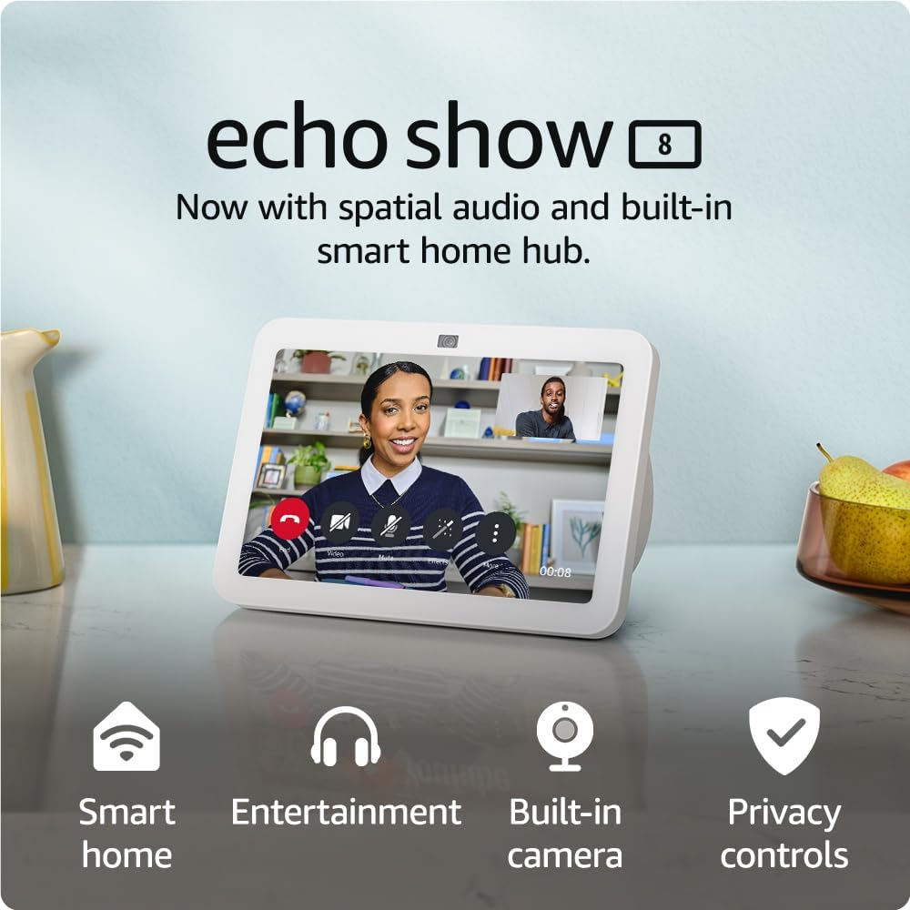 Echo Show 8 (3rd Generation, 2023 release) | HD smart touchscreen with spatial audio, smart home hub and Alexa | Glacier White