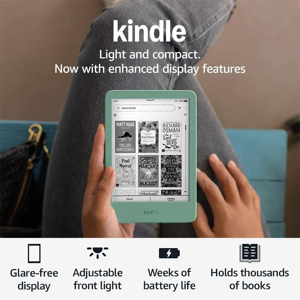 Amazon Kindle (newest gen) – Lightest and most compact Kindle with glare-free display, faster page turns, adjustable front light and long battery life – 16 GB – With Ads – Matcha