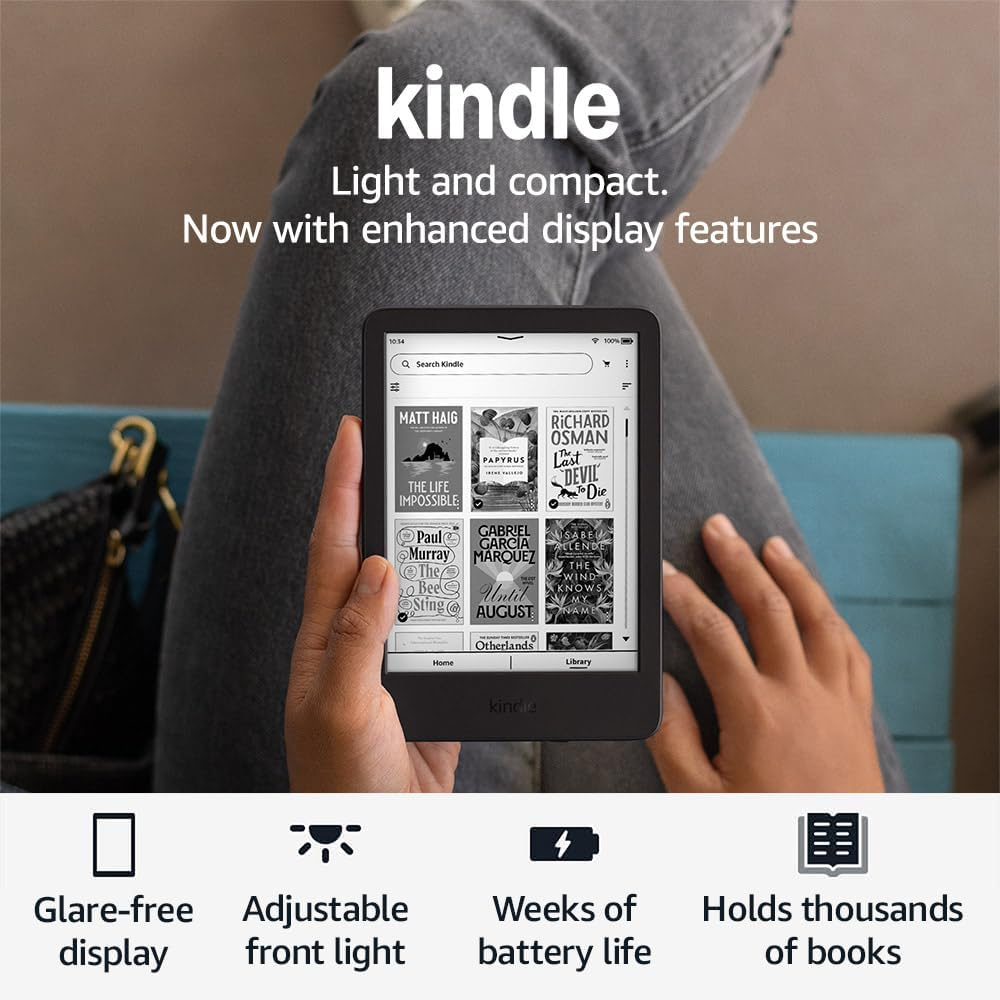 Amazon Kindle (newest gen) – Lightest and most compact Kindle with glare-free display, faster page turns, adjustable front light and long battery life – 16 GB – Without Ads – Black