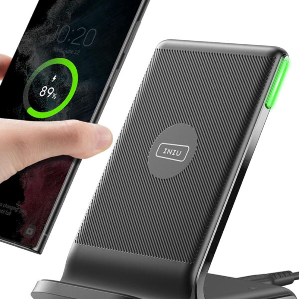INIU Wireless Charger Stand, 15W Qi Fast Charging Dock Phone Charger, Adaptive LED Wireless Charging Station for iPhone 17 16 15 14 13 12 11 Pro Max, Samsung S23 S22 S21, Google Pixel 8 7 6 etc.