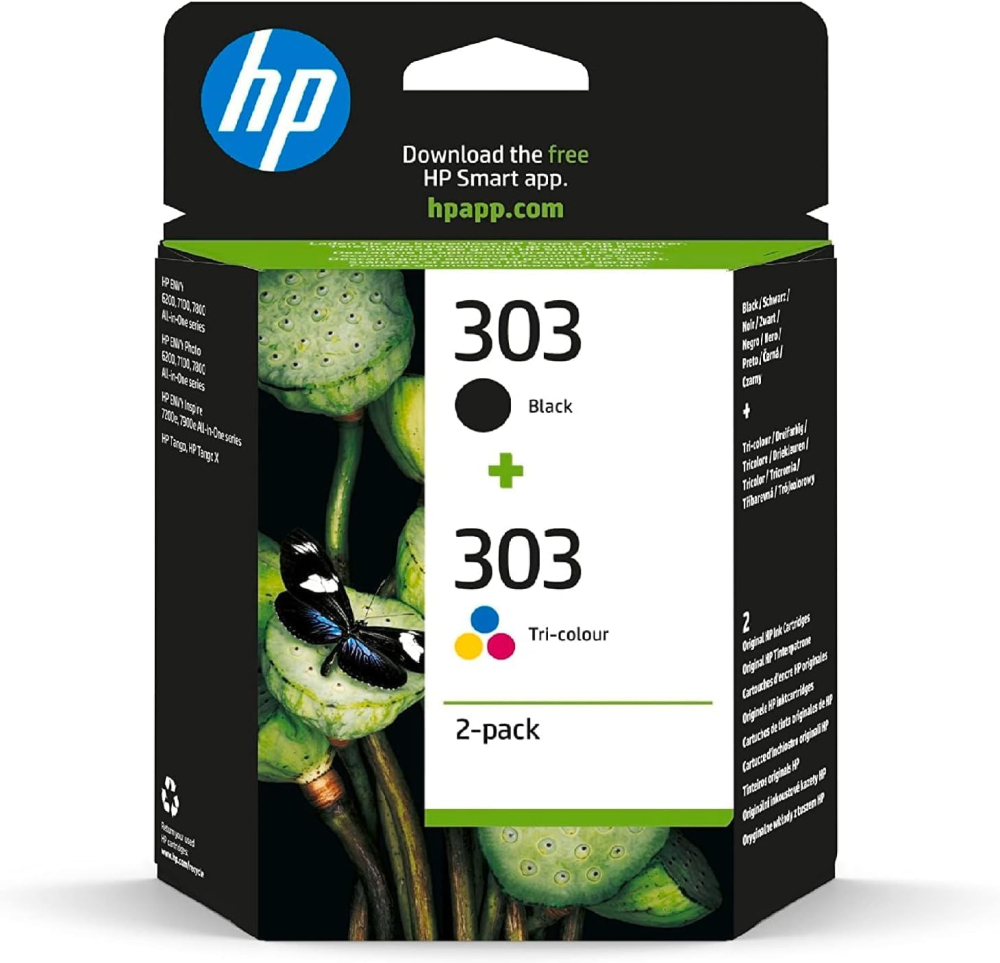 HP 303 Black/Tri-color Original Ink Printer Cartridges Combo (3YM92AE) - Works with: HP ENVY Photo 6220, 6230, 6234, 7120, 7134, 7830, ENVY Inspire 7220e, 7221e, 7224e, 7920, 7924e, Tango X Printers