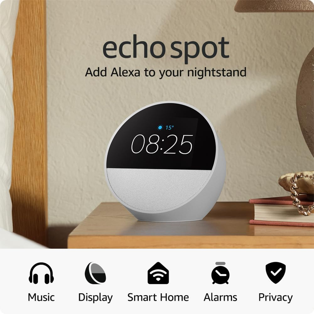 Echo Spot (newest gen), Smart alarm clock with vibrant sound + Alexa, Glacier White