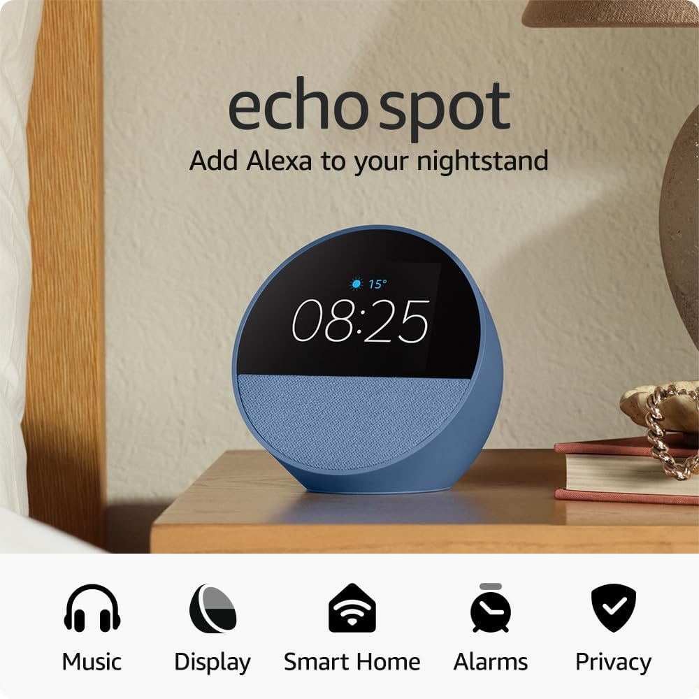 Echo Spot (newest gen), Smart alarm clock with vibrant sound + Alexa, Ocean Blue