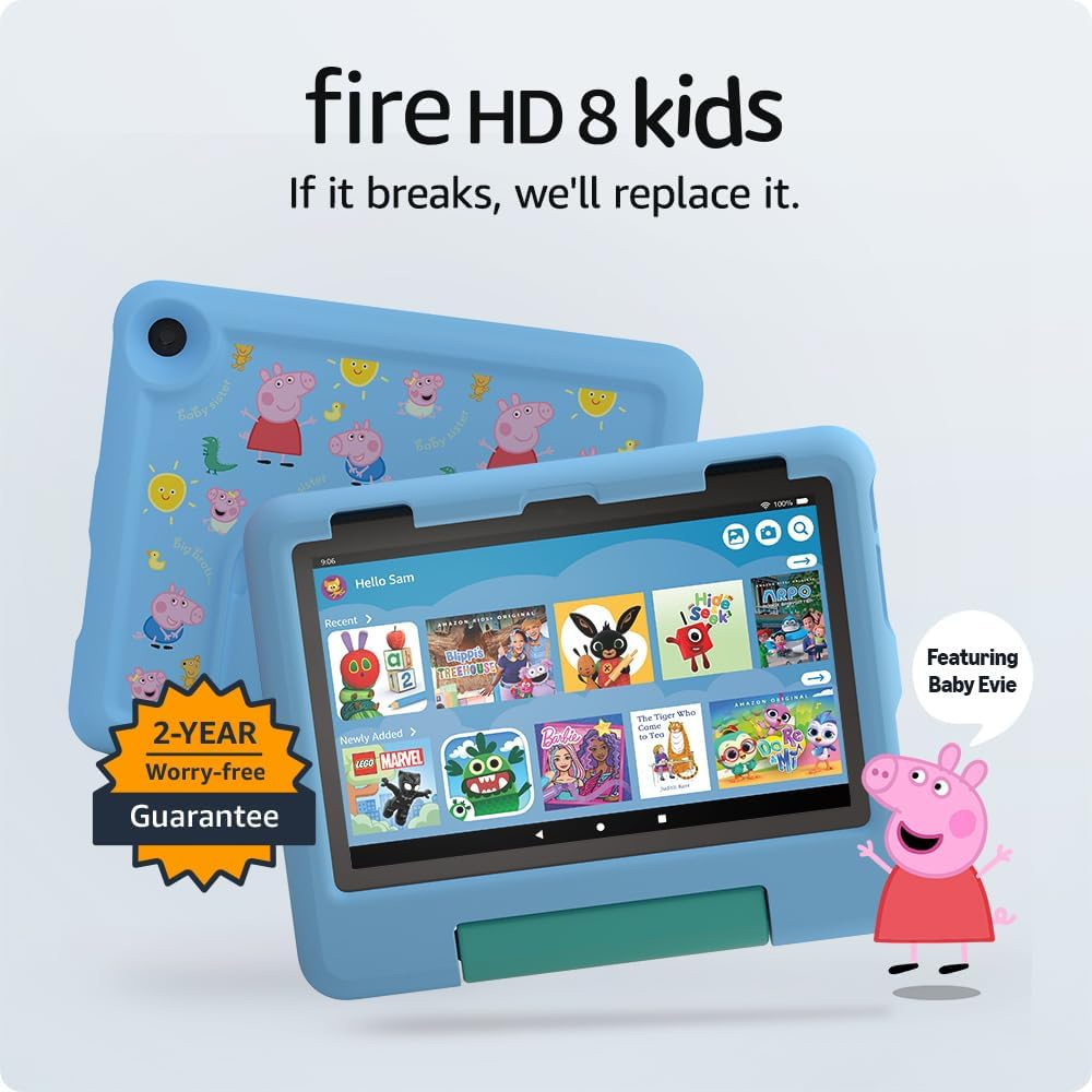 Amazon FireHD 8 Kids tablet (Peppa Pig, limited edition), ages 3–7 | Includes ads-free books, games and videos, 8" HD screen, parental controls, 13-hr battery, 32 GB, Blue