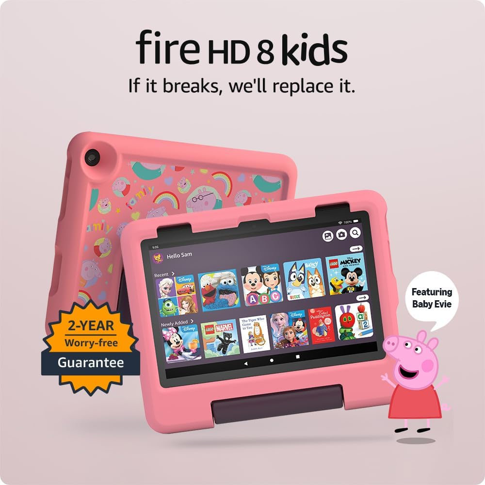 695ca25443fc7f5ac3efd4a73c2067240a29fbb1d384a90feb0db.jpg Amazon FireHD 8 Kids tablet (Peppa Pig, limited edition), ages 3–7 | Includes ads-free books, games and videos, 8" HD screen, parental controls, 13-hr battery, 32 GB, Pink - Image 1