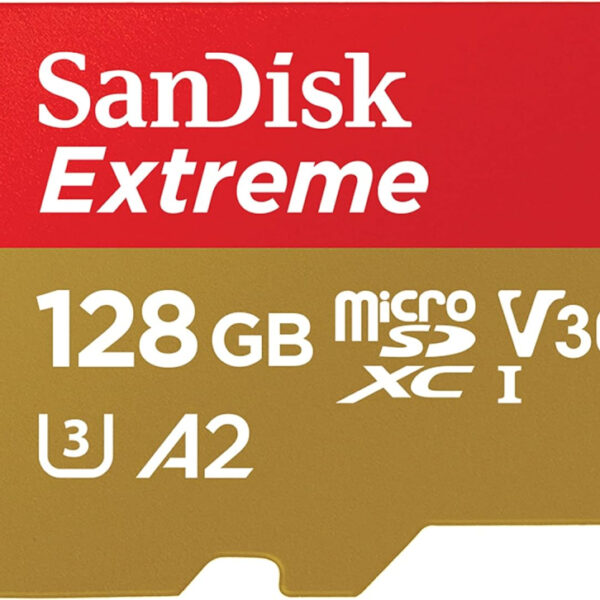 SanDisk 128GB Extreme microSDXC card +SD adapter, microSD card for smartphones, action cameras, drones, V30, up to 190 MB/s, SanDisk QuickFlow Technology, RescuePro Deluxe, UHS-I, 4k, V30, A2, U3