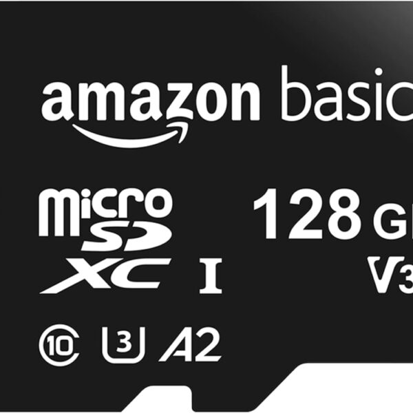Amazon Basics Micro SDXC Memory Card with Full Size Adapter, A2, U3, Read Speed up to 100 MB/s, 128 GB, Black