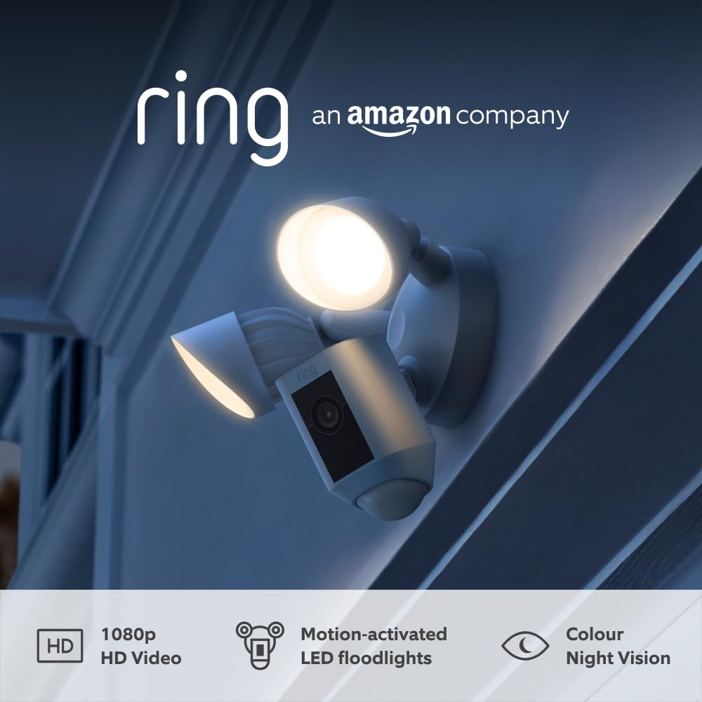 Ring Floodlight Cam Wired Plus | Outdoor Security Camera 1080p HD Video, LED Floodlights, Siren, Wifi, Hardwired | alternative to CCTV system | 30-day free trial of Ring Home | White