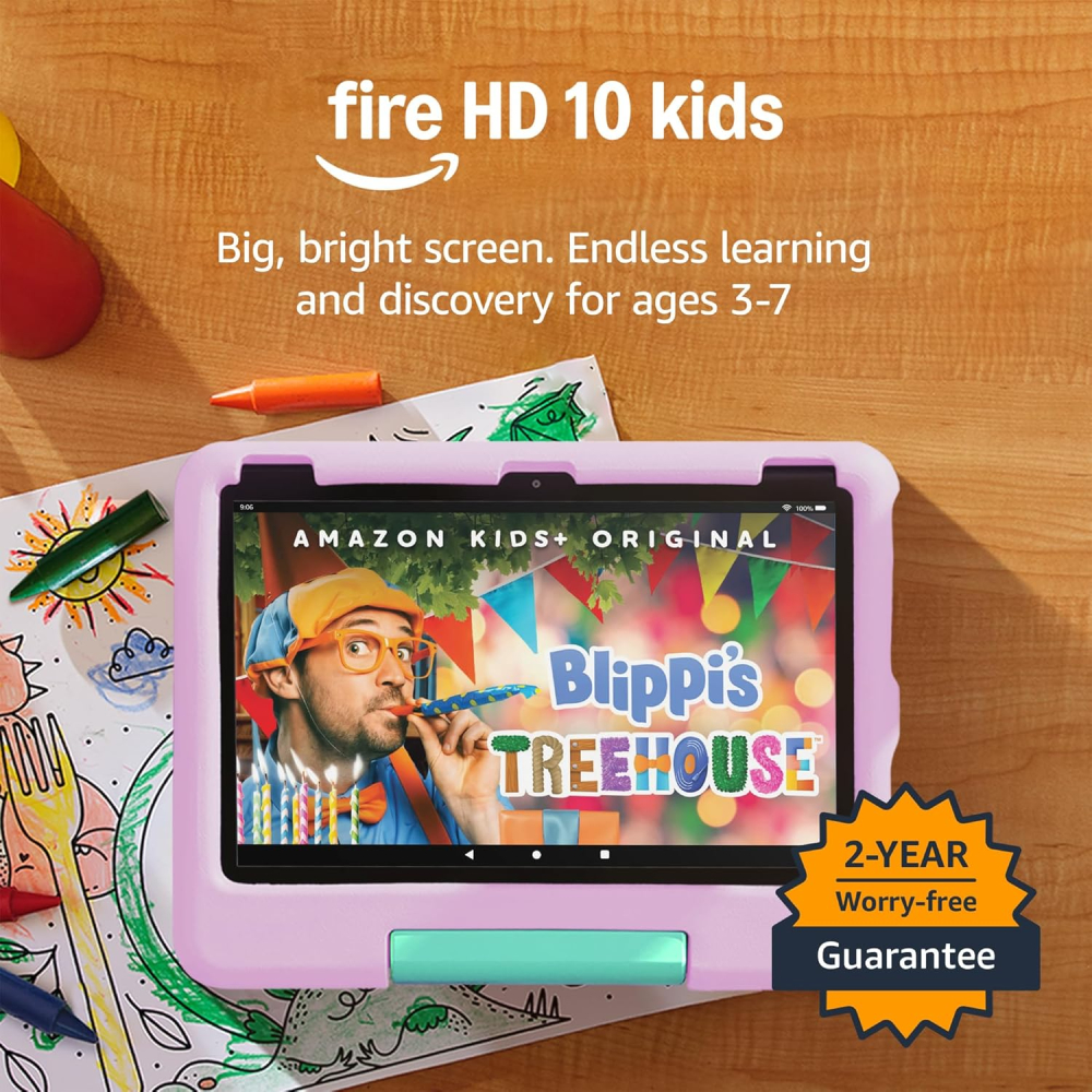 Amazon FireHD 10 Kids tablet (newest gen) | ages 3–7, includes ads-free books, games, apps and videos that children love, 10.1" brilliant screen, parental controls, 2-year worry-free guarantee, 32 GB