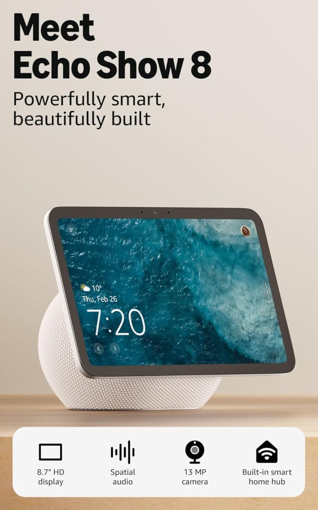 Amazon Echo Show 8 (newest gen), Vibrant HD 8.7" display with spatial audio and Alexa, Glacier White