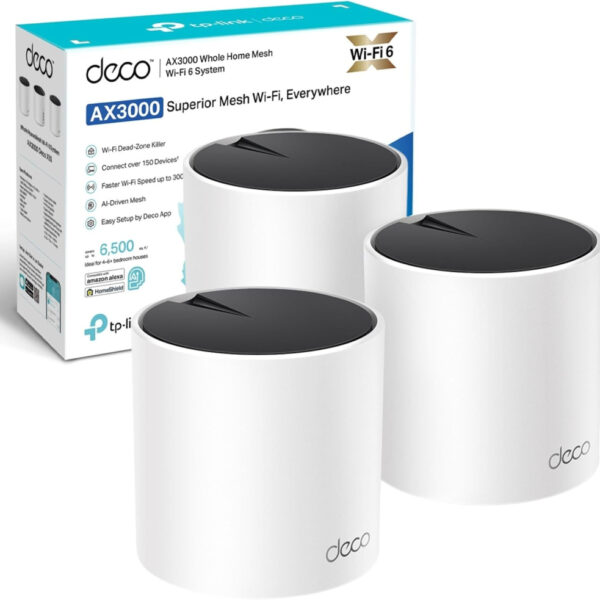 TP-Link Deco X55(3-pack) AX3000Mbps AI-Driven Whole Home Mesh WiFi 6 System, 3x Gigabit Ports, WiFi Booster Coverage up to 6,500 ft2, Connect up to 150 devices, HomeShield Security