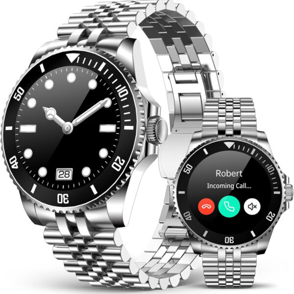 2025 AI Smart Watch for Men with Bluetooth Call, Heart Rate, Blood Pressure, SpO2, Sleep Monitor, 107 Sports Modes, Waterproof Round Watch, 1.19-inch AMOLED Watch Compatible Android and iOS Sliver