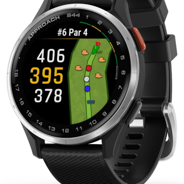 Garmin Approach® S44, Essential Golf GPS Smartwatch, AMOLED Display, On-Course Features, Silver Aluminum Bezel with Black Silicone Band