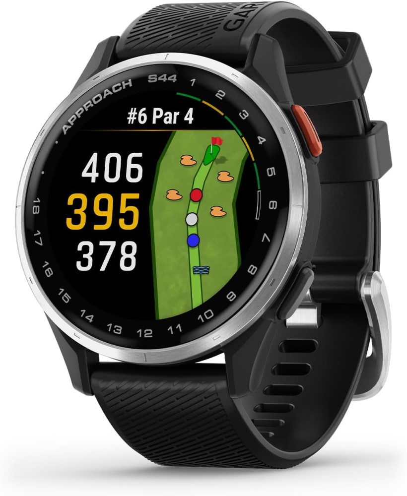 Garmin Approach® S44, Essential Golf GPS Smartwatch, AMOLED Display, On-Course Features, Silver Aluminum Bezel with Black Silicone Band