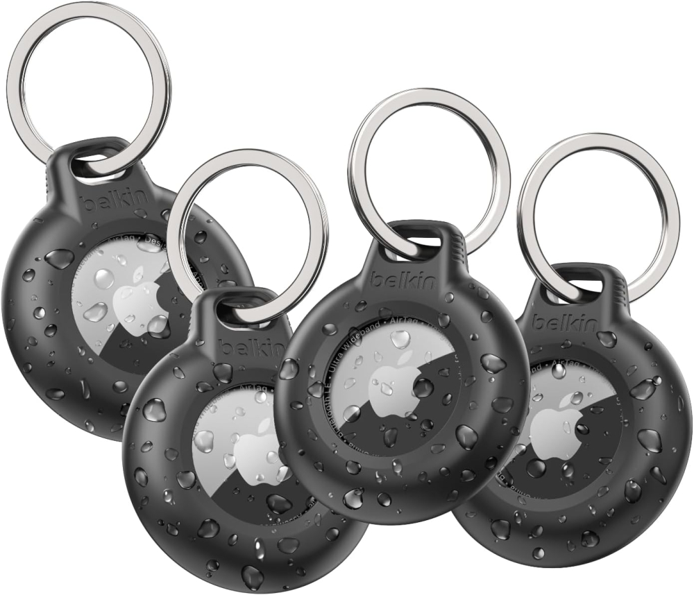 Belkin Waterproof Apple AirTag Secure Holder with Key Ring, Durable Scratch-Resistant AirTag Case, Protective AirTag Keychain Accessory for Keys, Pets, Luggage, Backpacks, and More - Black (4-pack)