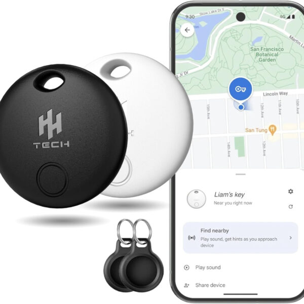 HH-Tech [Android Only] Smart Tracker Tag 2 Pack with 2 Cases Works with Google Find Hub, Smart Bluetooth Item Finder for Keys, Wallet, Suitcase & Bags (Black & White)