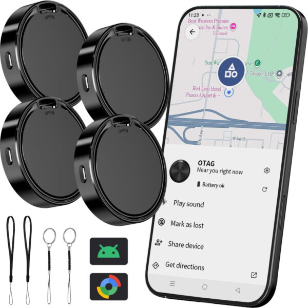 Android Tracker Tags 4 Pack Compatible with Google Find Hub App (Android Only) Smart Tag Key Tracker and Item Locator for Wallets, Backpack, Suitcases-Black