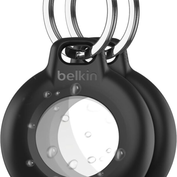 Belkin Waterproof Apple AirTag Secure Holder with Key Ring, Durable Scratch-Resistant AirTag Case, Protective AirTag Keychain Accessory for Keys, Pets, Luggage, Backpacks, and More - Black (2-pack)