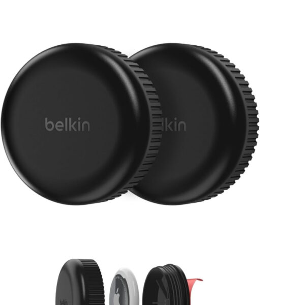 Belkin Waterproof Apple AirTag Secure Holder with Adhesive, Durable Scratch-Resistant AirTag Case, Protective AirTag Keychain Accessory for Skateboard, Trailer, Drone, Bike, & More - Black (2-pack)