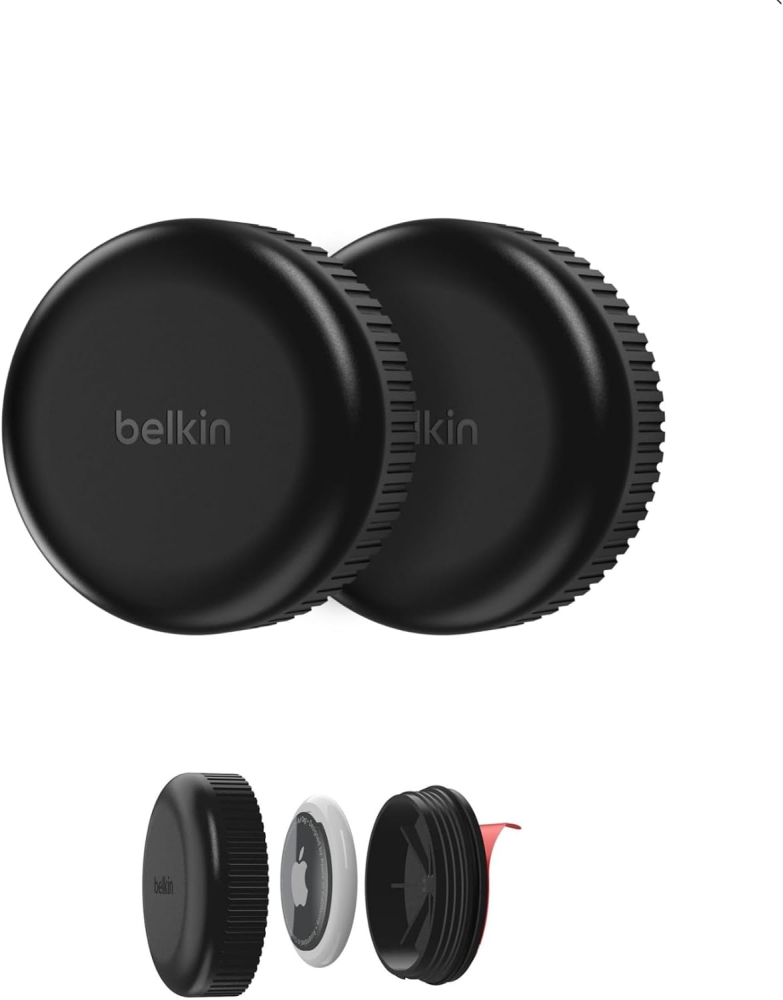 Belkin Waterproof Apple AirTag Secure Holder with Adhesive, Durable Scratch-Resistant AirTag Case, Protective AirTag Keychain Accessory for Skateboard, Trailer, Drone, Bike, & More - Black (2-pack)