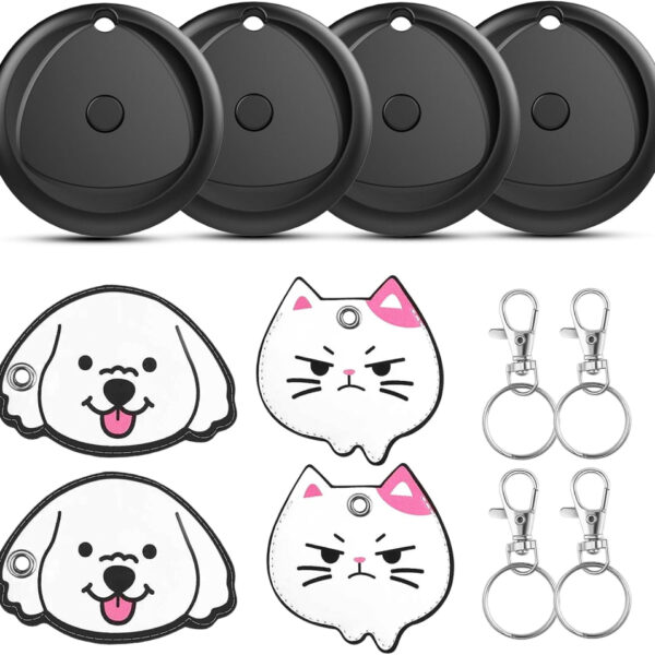 Air Tags 4-Pack and 4 Free Leather Keychain Holder, Smart Tarcker Tag Work with Apple Find My App (iOS only), Key Finder with Replaceable Battery, IP67 Waterproof Item Locator for Luggage, Backpack