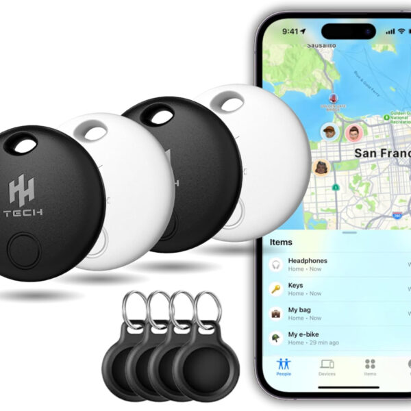 HH-Tech Smart Tag LITE (Pack 4 with 4 Protectors) For Apple iOS Devices, Smart Tracker, Item Finder, Replaceable Battery, Easily Track Your Wallet, Bag, Suitcase, and More with Apple Find My App