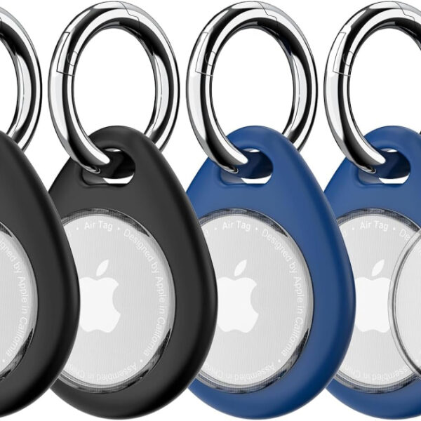 4-Pack Airtag Holder with Keyring - Shockproof, Anti-Scratch TPU Protective Case with Transparent Front Cover and Keychain, Case for Luggage, Pet Collar, Dogs - Black and Blue