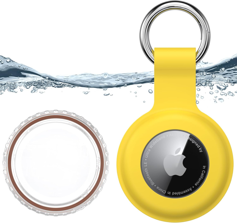 Waterproof for Apple Air Tag Secure Holder with Key Ring, Durable Scratch-Resistant AirTag Case, Protective AirTag Keychain Accessory for Keys, Pets, Luggage, Backpacks, and More (Yellow)