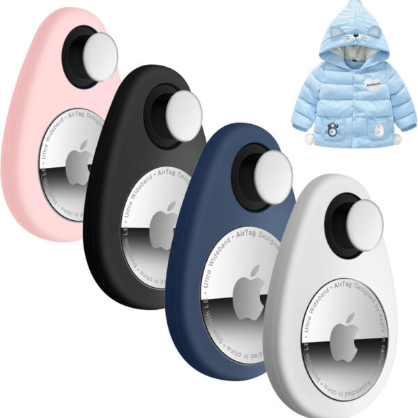 Airtag Holder Hidden 4 Pack GPS Tracker Case, Anti-Removal Airtag Silicone Case with Pins, Suitable for Children, Elderly, Pets, Backpack, Luggage(Black,White,Blue,Pink)