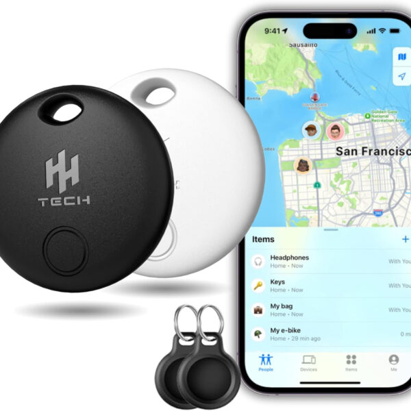 HH-Tech Smart Tag (Pack-2 Black and White with 2 Protectors) For Apple iOS Devices, Smart Tracker, Item Finder, Replaceable Battery, Easily Track Your Wallet, Bag, Suitcase, and More