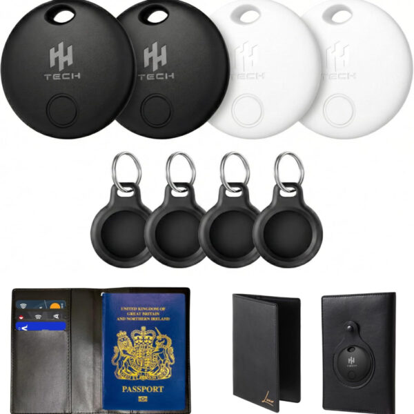 HH-Tech [Android Only Tracker Tag Gift Combo (Pack-4 with 4 Cases and Free Passport Holder) Works with Google Find Hub, Bluetooth Item Finder, Key Finder, Replaceable Battery, Track Bag, Luggage