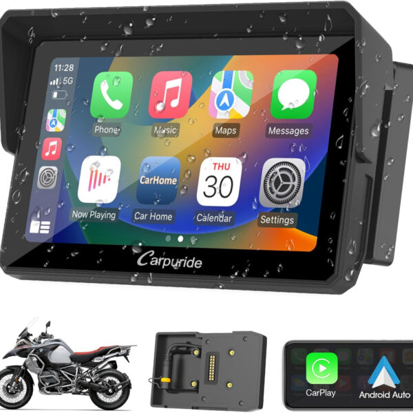 Motorcycle CarPlay Screen Carpuride W502B for BMW R1200GS/R1250GS/S1000XR – 5" IP67 Waterproof Touchscreen, Wireless Android Auto & CarPlay, GPS Navigation, Dual Bluetooth, Enhanced Bass EQ
