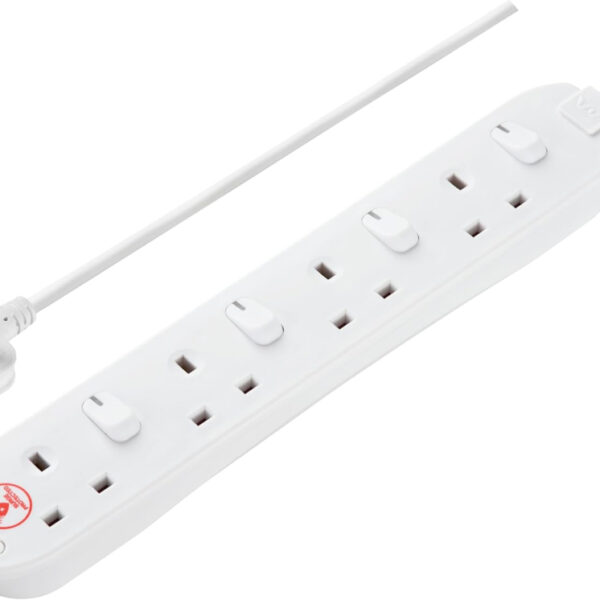Masterplug Four Socket Extension Lead, 2 Metre Cable, Surge Protection, Individual Switches, Power and Surge LED Indicators, 4-Way Plug Extension Cable, Power Strip, White, 13A, 4G, 2m, SWSRG4210N