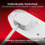 Masterplug Four Socket Extension Lead, 2 Metre Cable, Surge Protection, Individual Switches, Power and Surge LED Indicators, 4-Way Plug Extension Cable, Power Strip, White, 13A, 4G, 2m, SWSRG4210N - Image 7