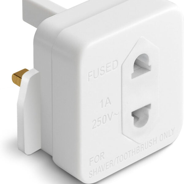 Desiretech - UK Shaver Adaptor Plug - Fused 1A 250V 2-Pin to 3-Pin Converter - CE Certified Plug for Electric Shaver & Toothbrush - Compact, Heat-Resistant, Safe UK Bathroom Socket Adaptor - White