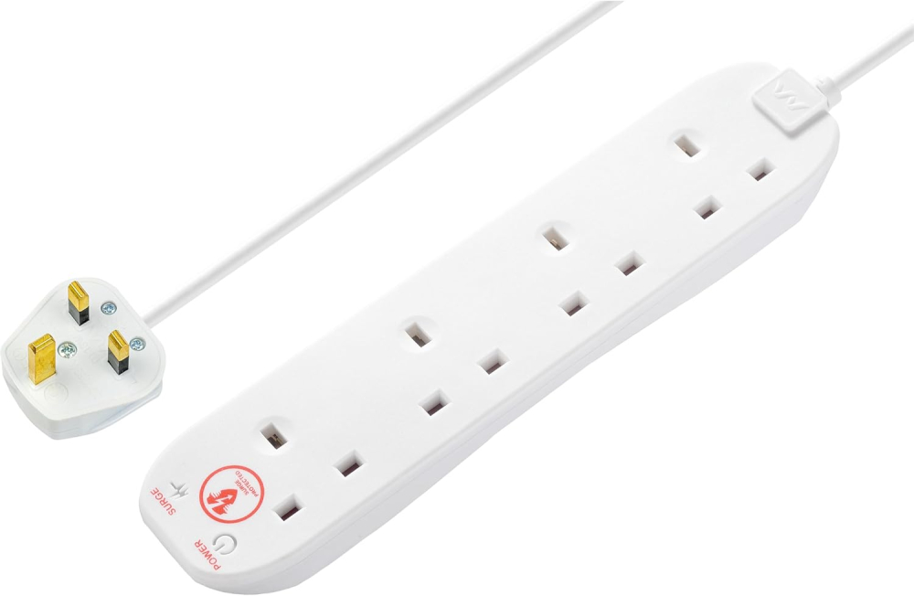 Masterplug Four Socket Extension Lead, 2 Metre Cable, Surge Protection, Power and Surge LED Indicators, Unswitched, 4-Way Plug Extension Cable, Power Strip, White, 13A, 4G, 2m, SRG4210N