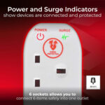 Masterplug Six Socket Extension Lead, 2 Metre Cable, Surge Protection, Individual Switches, Power and Surge LED Indicators, 6-Way Plug Extension Cable, Power Strip, White, 13A, 6G, 2m, SWSRG6210N - Image 2