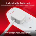 Masterplug Six Socket Extension Lead, 2 Metre Cable, Surge Protection, Individual Switches, Power and Surge LED Indicators, 6-Way Plug Extension Cable, Power Strip, White, 13A, 6G, 2m, SWSRG6210N - Image 3