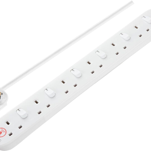 Masterplug Six Socket Extension Lead, 2 Metre Cable, Surge Protection, Individual Switches, Power and Surge LED Indicators, 6-Way Plug Extension Cable, Power Strip, White, 13A, 6G, 2m, SWSRG6210N