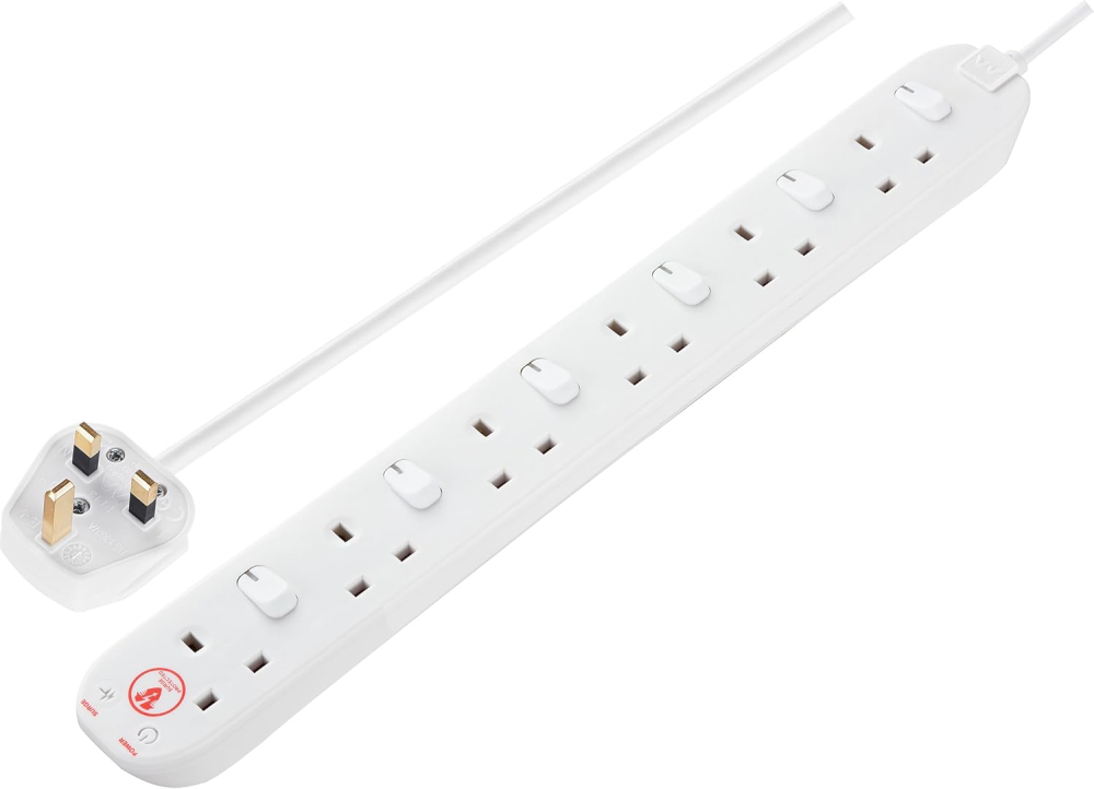 Masterplug Six Socket Extension Lead, 2 Metre Cable, Surge Protection, Individual Switches, Power and Surge LED Indicators, 6-Way Plug Extension Cable, Power Strip, White, 13A, 6G, 2m, SWSRG6210N