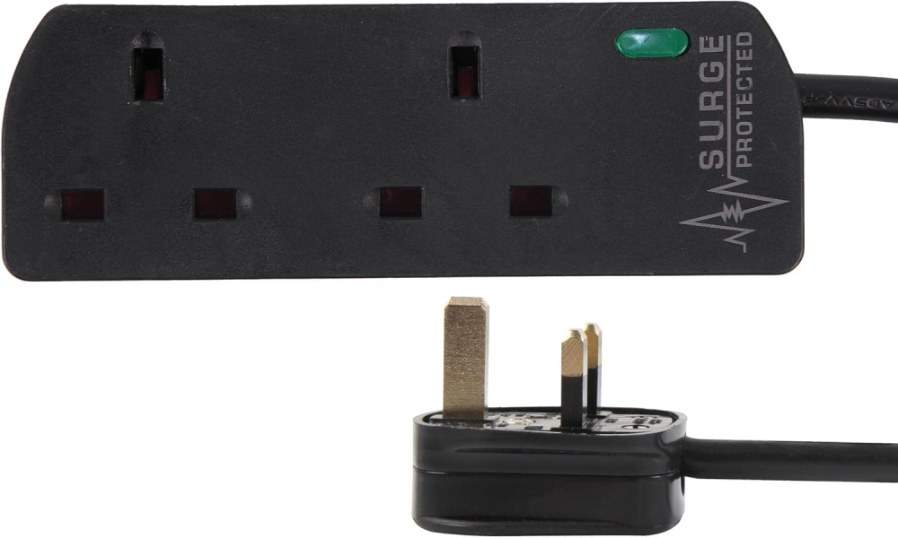 PRO ELEC PELB1989 2-Gang Extension Lead with Surge Protection, 1m, Black