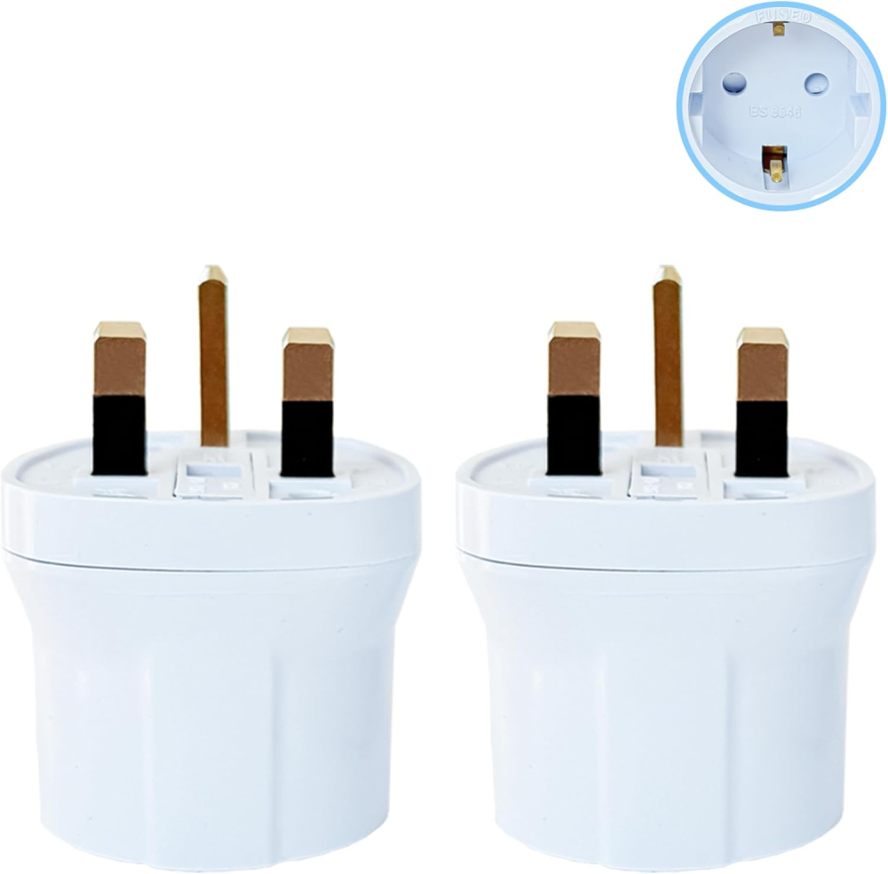 Double Dragon EU to UK Plug Adapter | European 2-Pin to UK 3-Pin Travel Adapter | Schuko & Europlug from France, Germany, Spain, Italy to UK Socket | BS8546 Certified, 13A Fused – White (2 Pack)