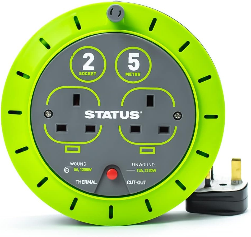 STATUS 2 Socket Cable Reel, 5m Green Extension Lead, 13A with Thermal Cut Out, Heavy Duty Outdoor Extension Lead, S5M13ACR3