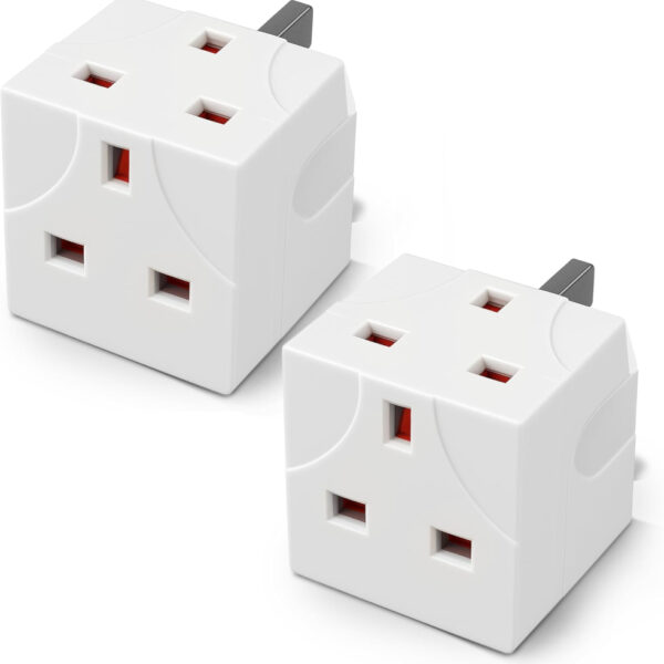 Desiretech 2 Way Adaptor – UK Double Plug Adapter with 13A Fuse – Compact Multi Plug Socket for Home & Office – Dual Extension Plug for Appliances, TV, PC, Kitchen & Lighting – White (2 Pack)