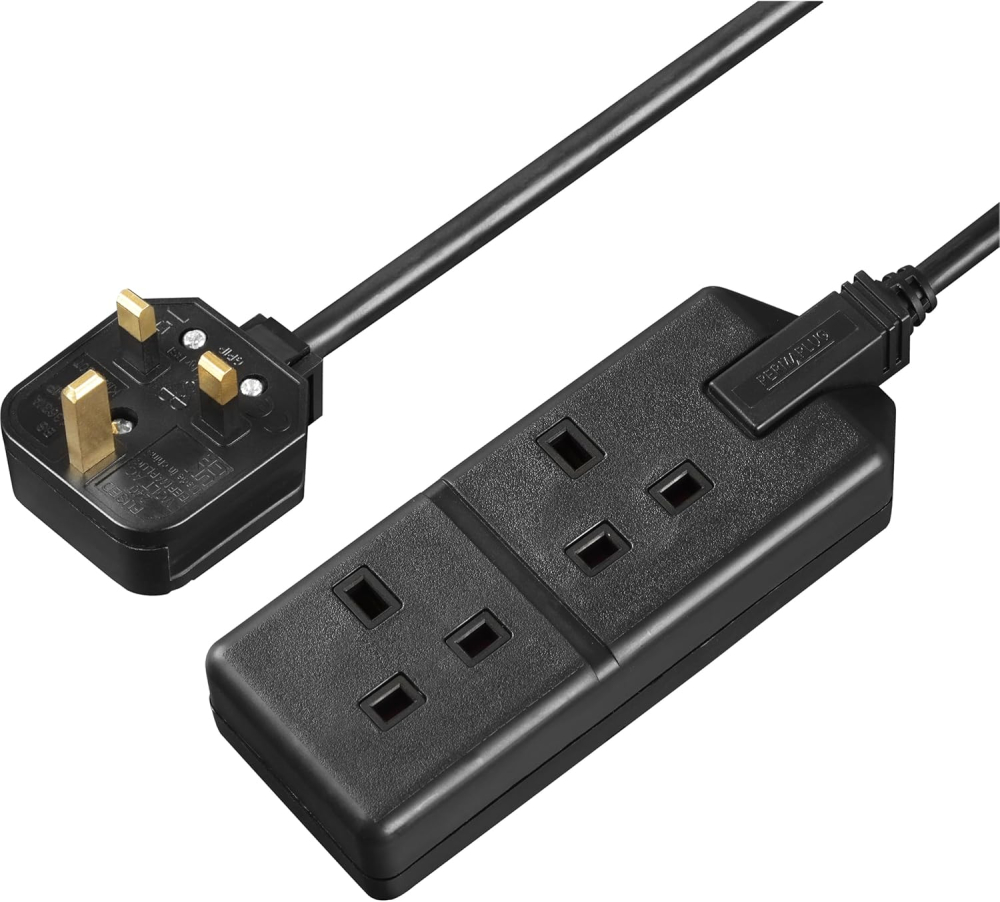 Masterplug Two Socket Double Extension Lead, 4 Metre Cable, Unswitched, Heavy Duty, Rewireable, 2-Way Plug Extension Cable, Work Power, Permaplug, Black, 13A, 2G, 4m, EXS1324B
