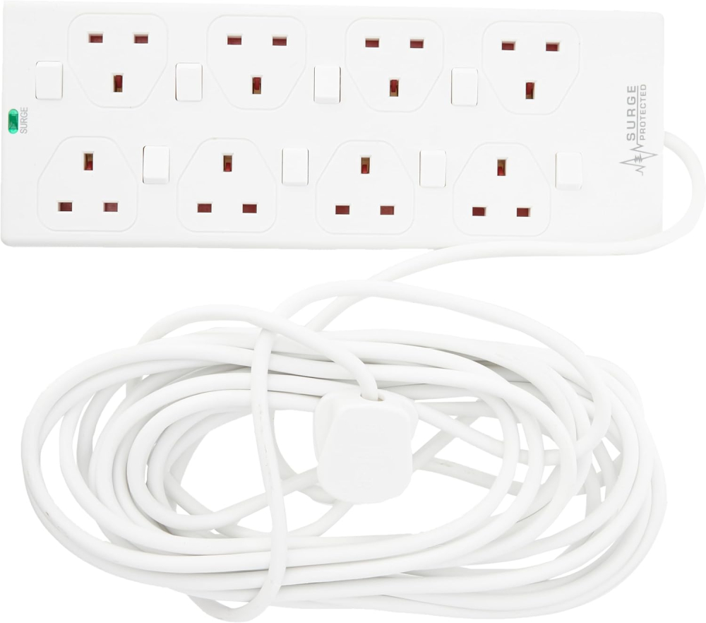 Pro Elec 8 Gang 10m Individually Switched and Surge Protected in White