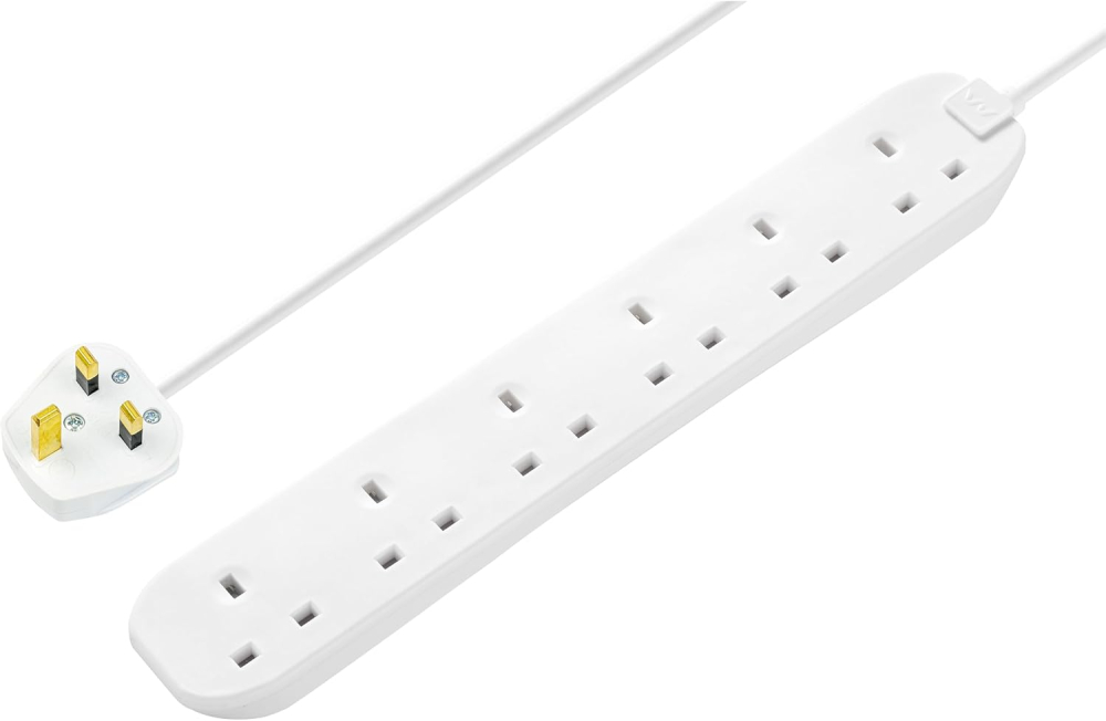 Masterplug Six Socket Extension Lead, 3 Metre Cable, Unswitched, 6-Way Plug Extension Cable, Power Strip, Basic Power, White, 13A, 6G, 3m, BSG3N