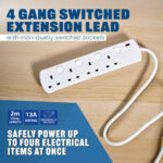 Mercury | 4-Gang Individually Switched Extension Lead | 2m Cable | UK Plug | White | Multi-Socket Individually Switched Power Strip with Wall Mount & Neon Indicator - Image 2