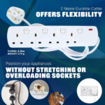 Mercury | 4-Gang Individually Switched Extension Lead | 2m Cable | UK Plug | White | Multi-Socket Individually Switched Power Strip with Wall Mount & Neon Indicator - Image 4