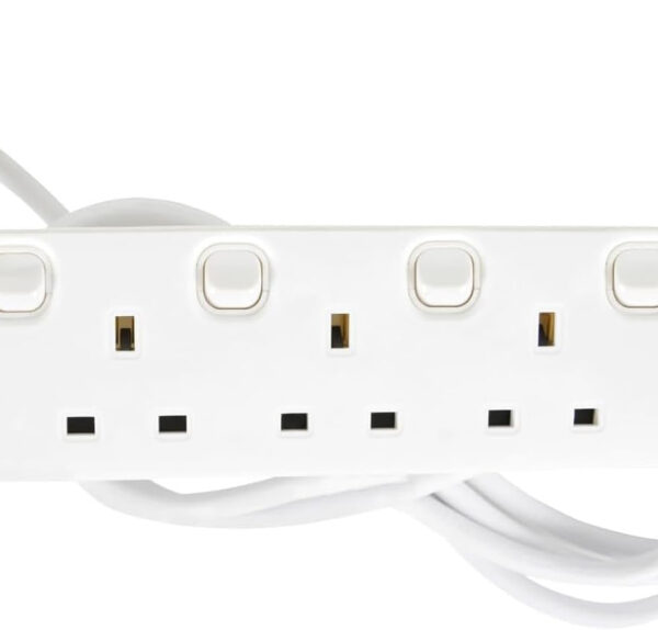 Mercury | 4-Gang Individually Switched Extension Lead | 2m Cable | UK Plug | White | Multi-Socket Individually Switched Power Strip with Wall Mount & Neon Indicator